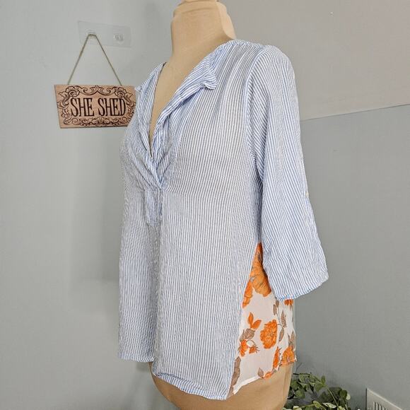 Tru Luxe Jeans Striped Floral Asymmetric 3/4 Sleeve Top Small Boho Bloomcore - Picture 4 of 12